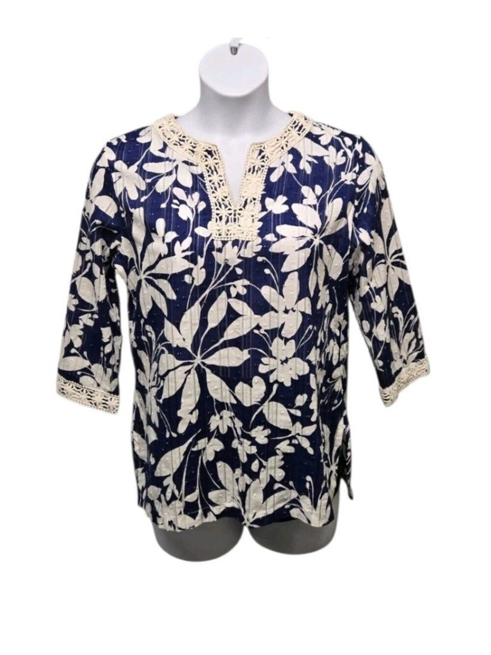 Alfred Dunner Tunic Womens 8 Blue & White Floral Print Cotton Boho Summer Casual